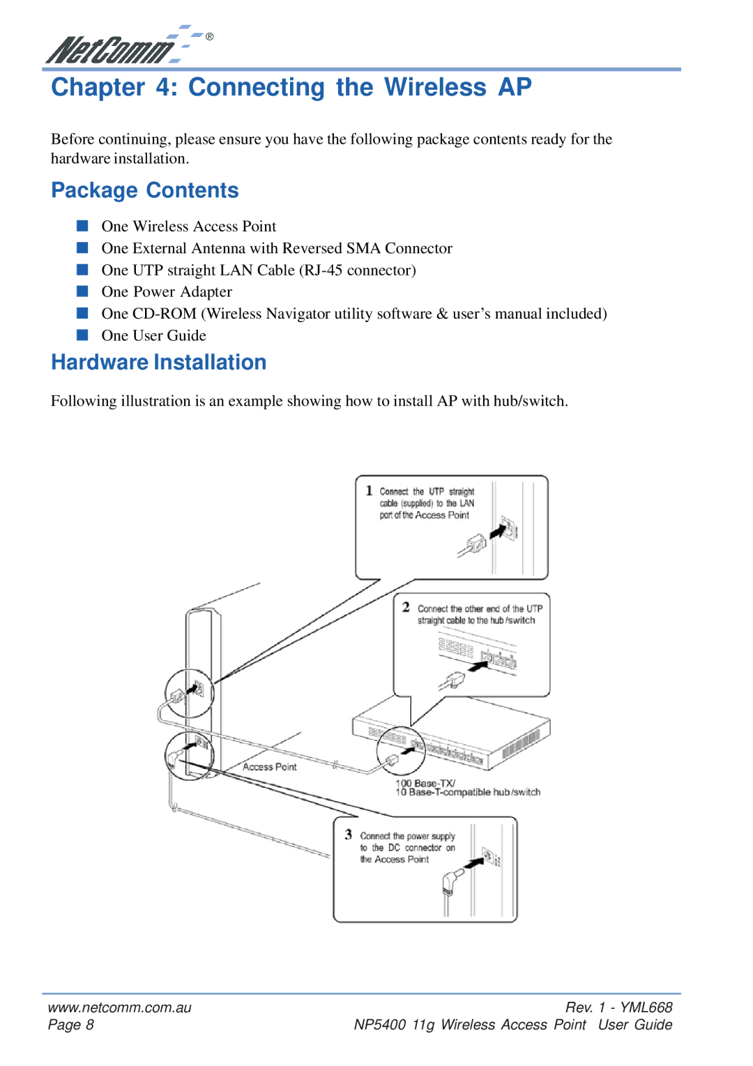 NetComm NP5400 manual Connecting the Wireless AP, Package Contents, Hardware Installation 