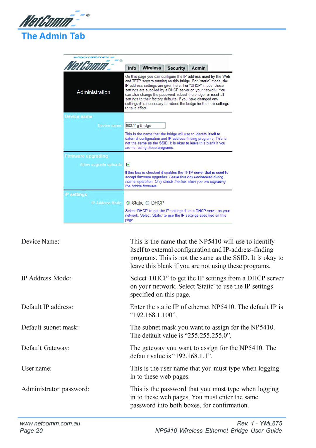 NetComm NP5410 manual Admin Tab 