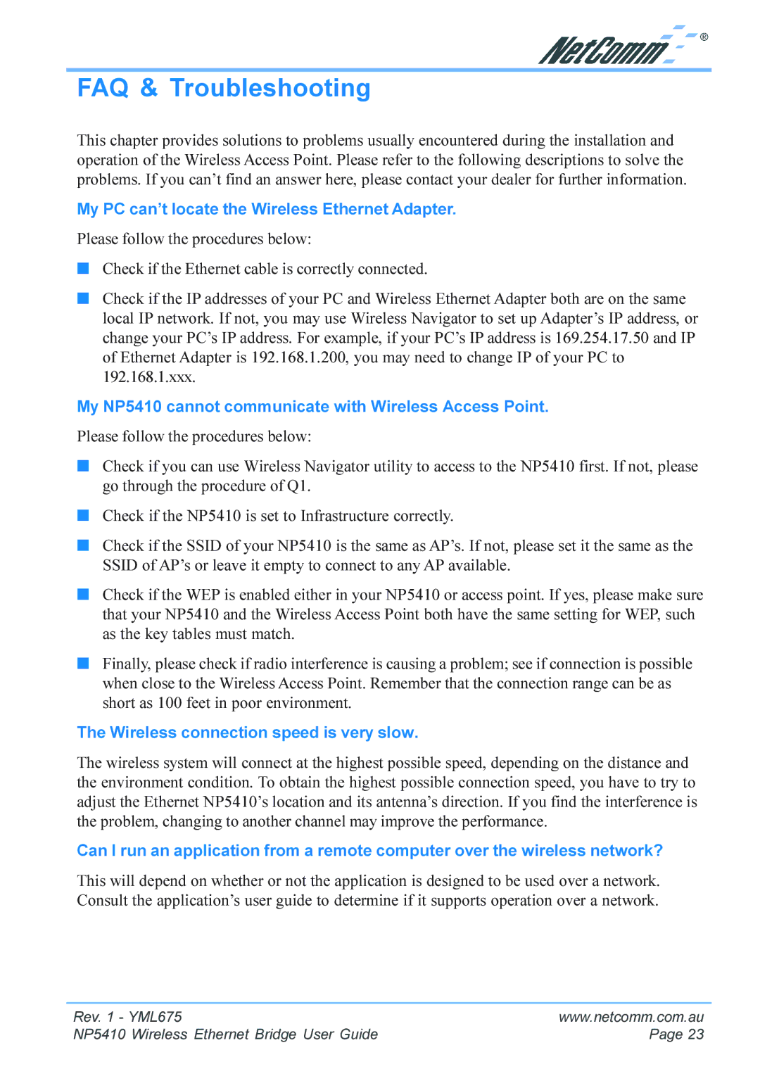 NetComm NP5410 manual FAQ & Troubleshooting, My PC can’t locate the Wireless Ethernet Adapter 