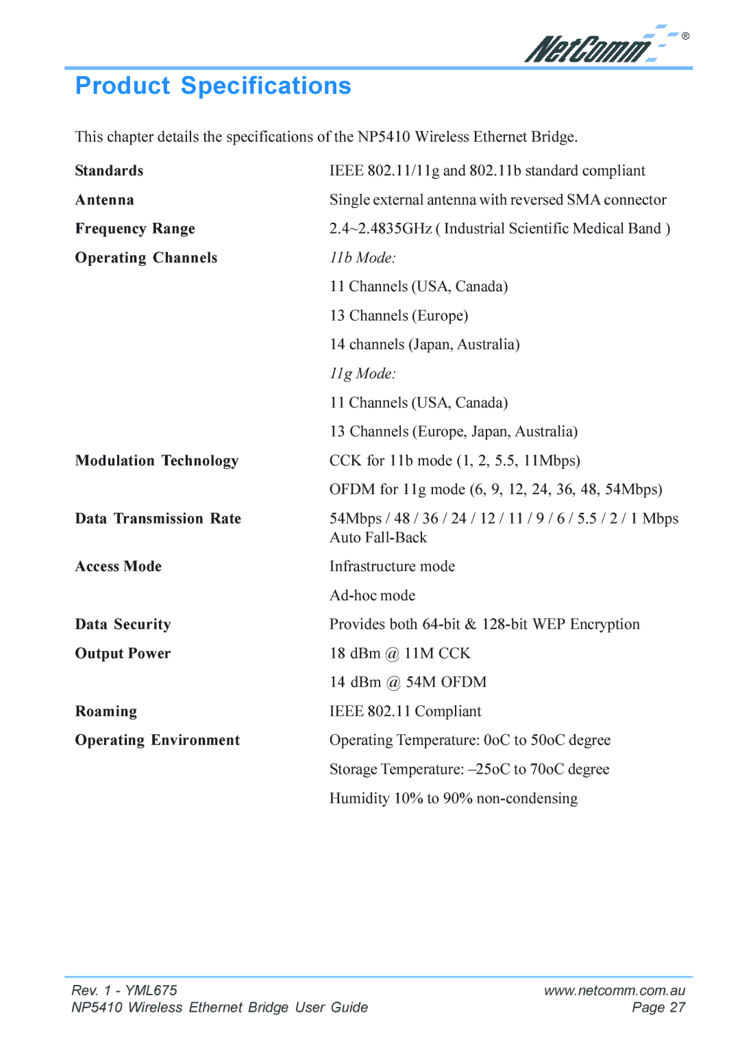 NetComm NP5410 manual Product Specifications 