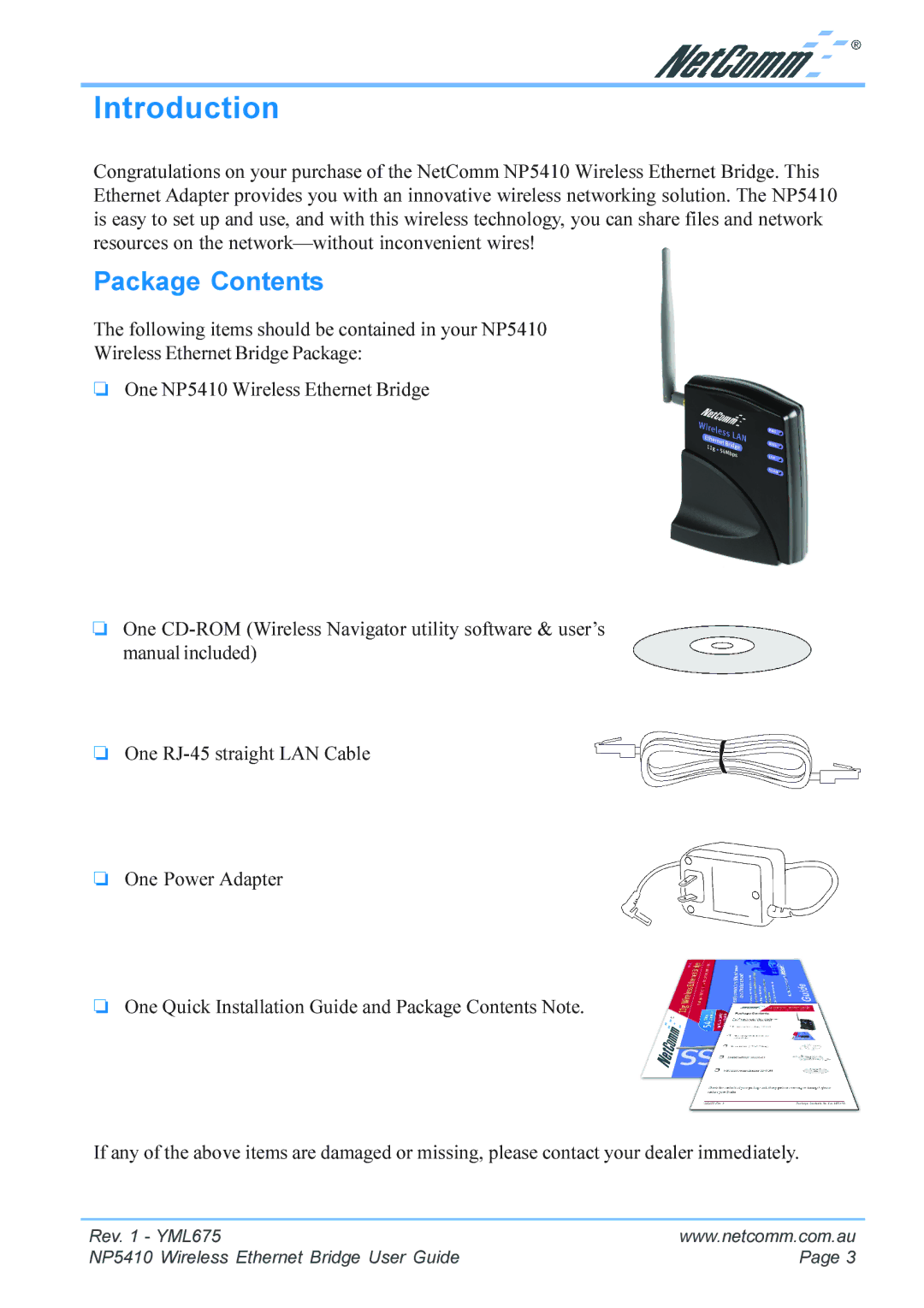 NetComm NP5410 manual Introduction, Package Contents 