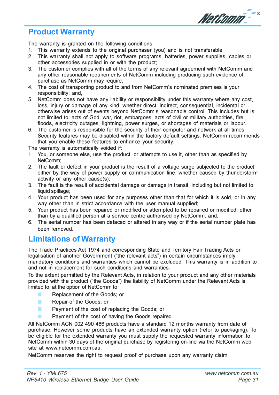 NetComm NP5410 manual Product Warranty, Limitations of Warranty 