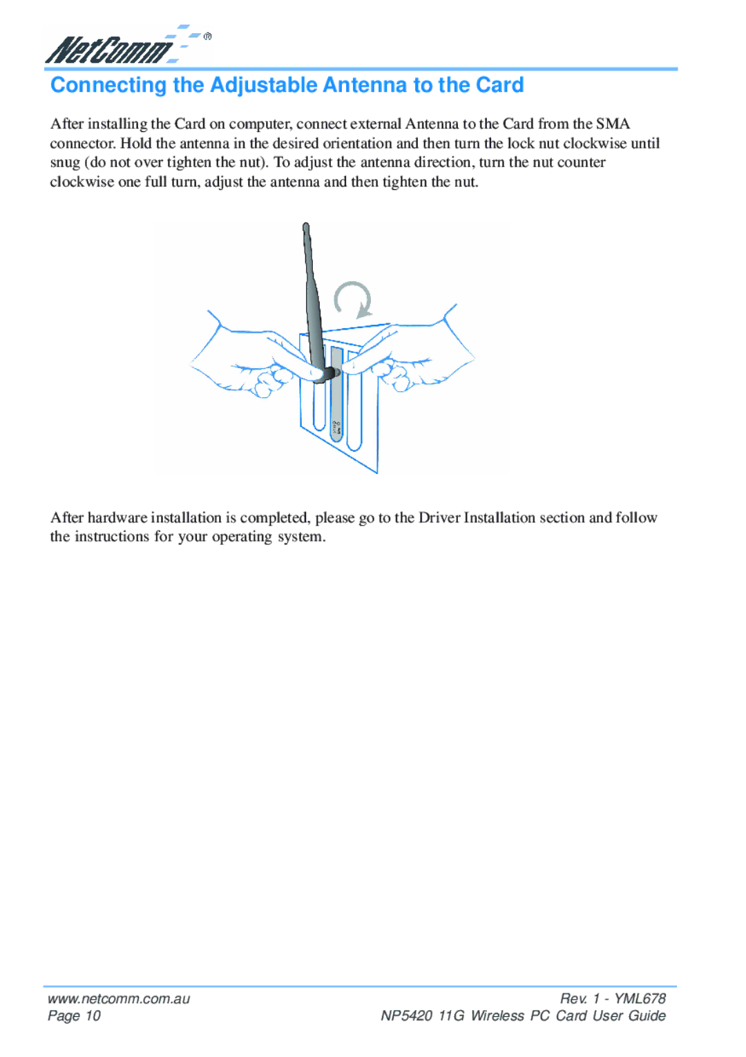 NetComm NP5420 manual Connecting the Adjustable Antenna to the Card 