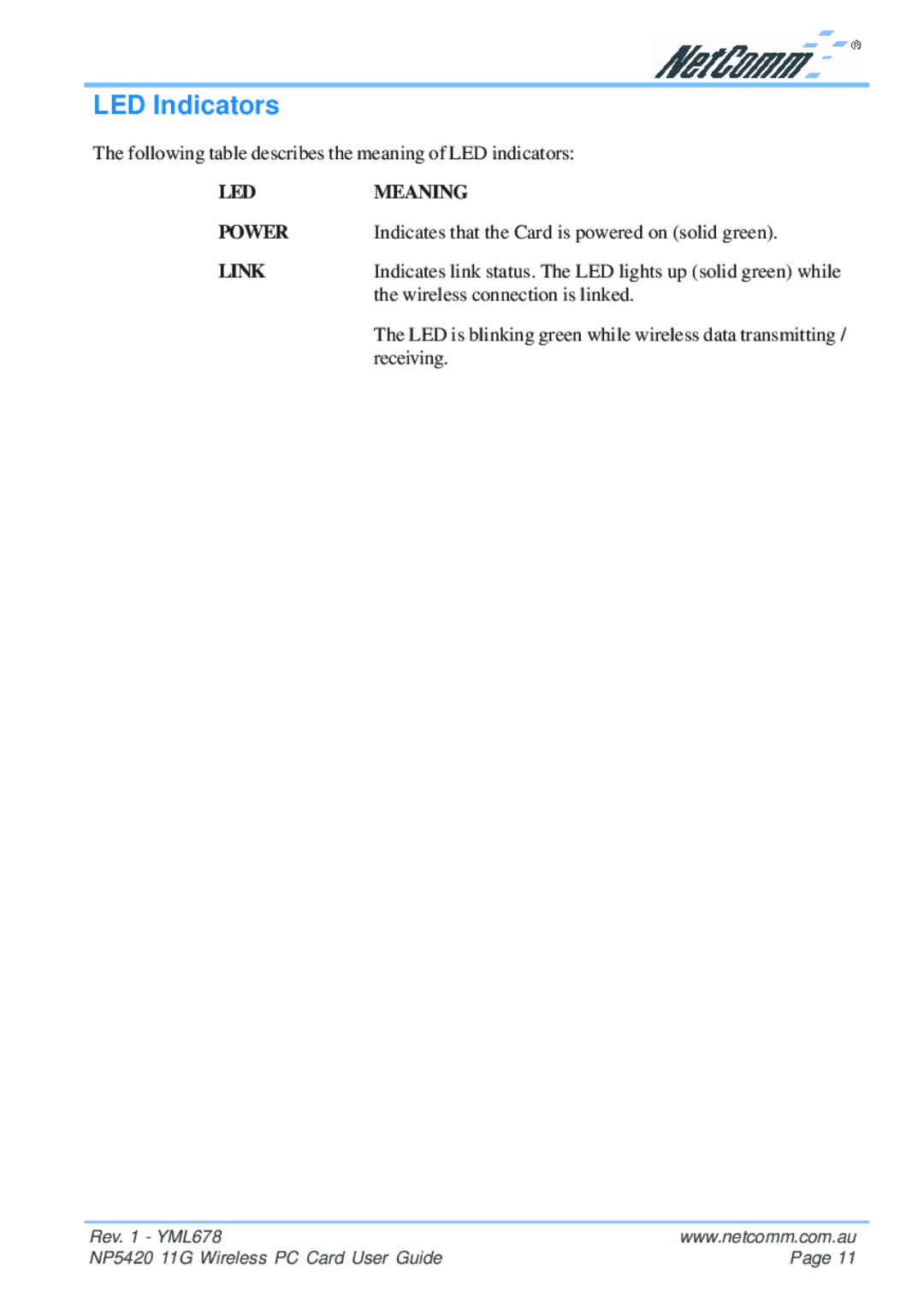 NetComm NP5420 manual LED Indicators, Link 