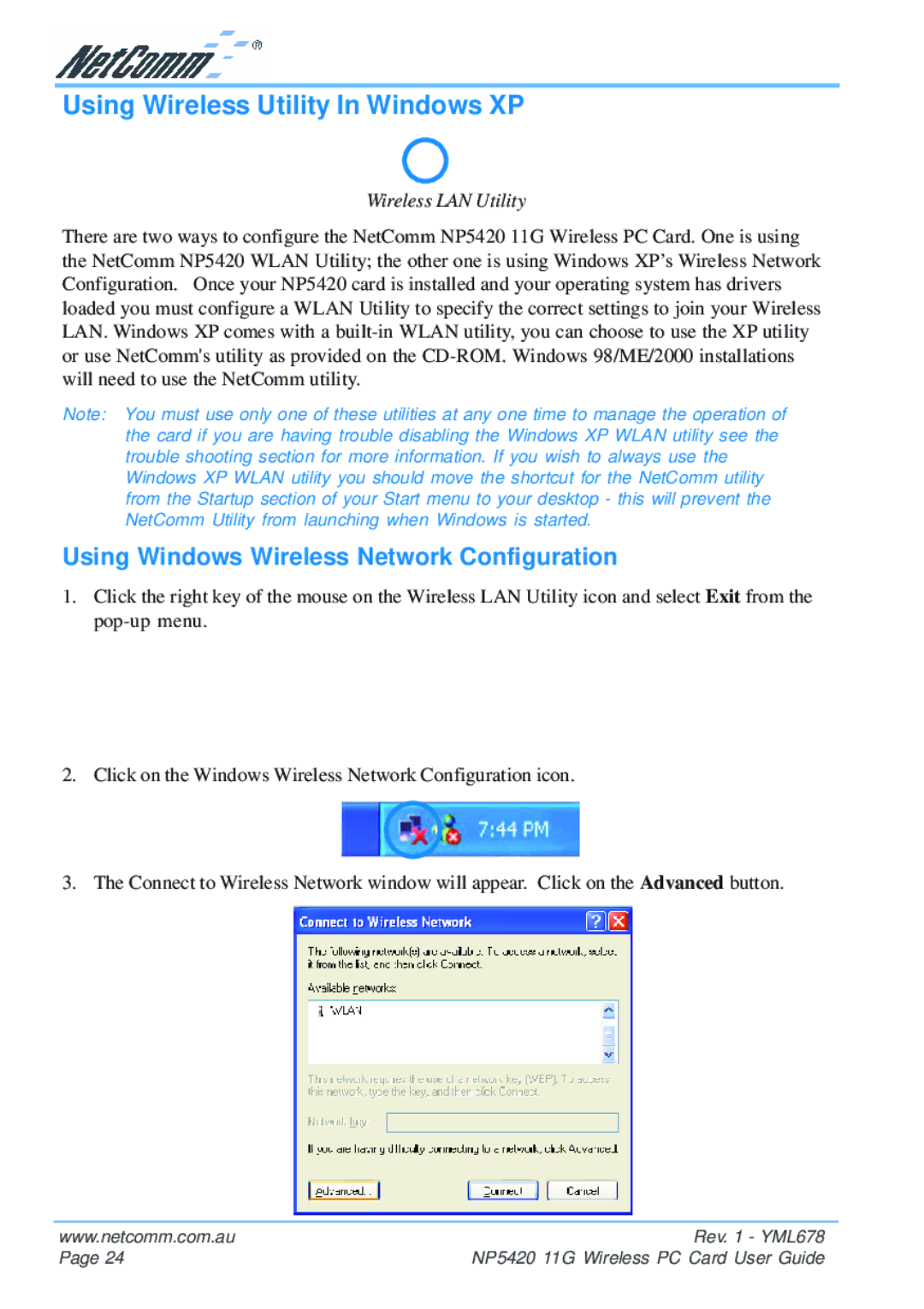 NetComm NP5420 manual Using Wireless Utility In Windows XP, Wireless LAN Utility 