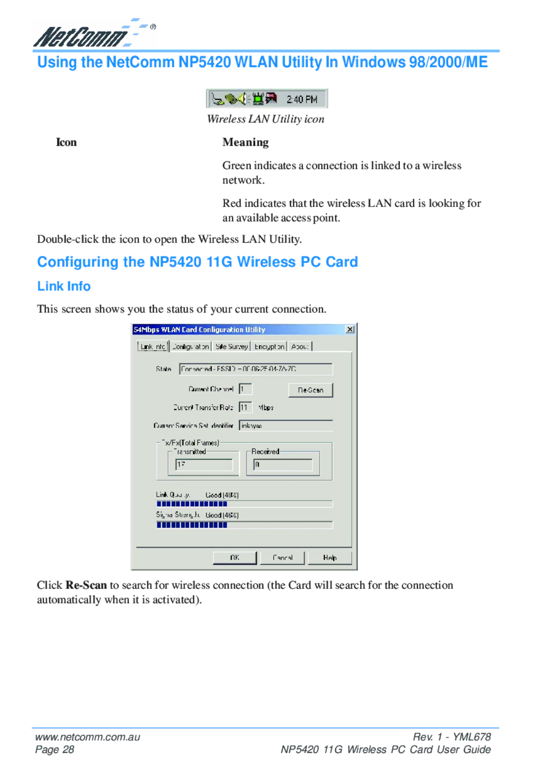 NetComm manual Using the NetComm NP5420 Wlan Utility In Windows 98/2000/ME, IconMeaning 