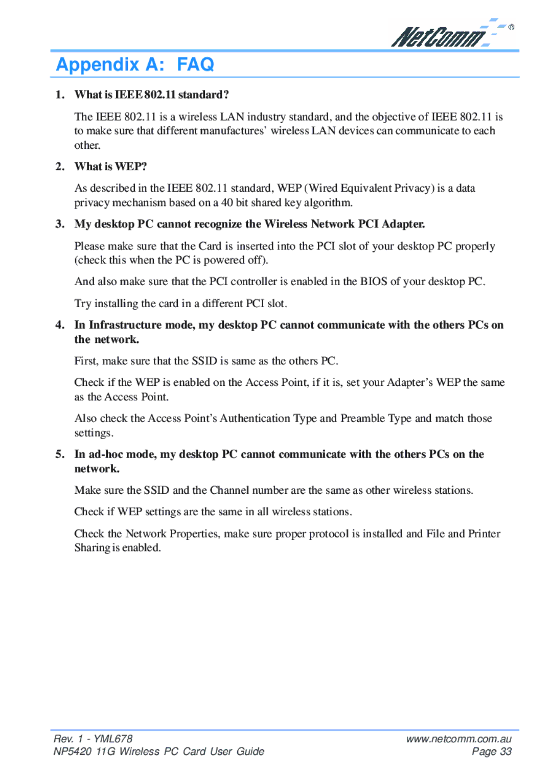 NetComm NP5420 manual Appendix a FAQ, What is Ieee 802.11 standard? 