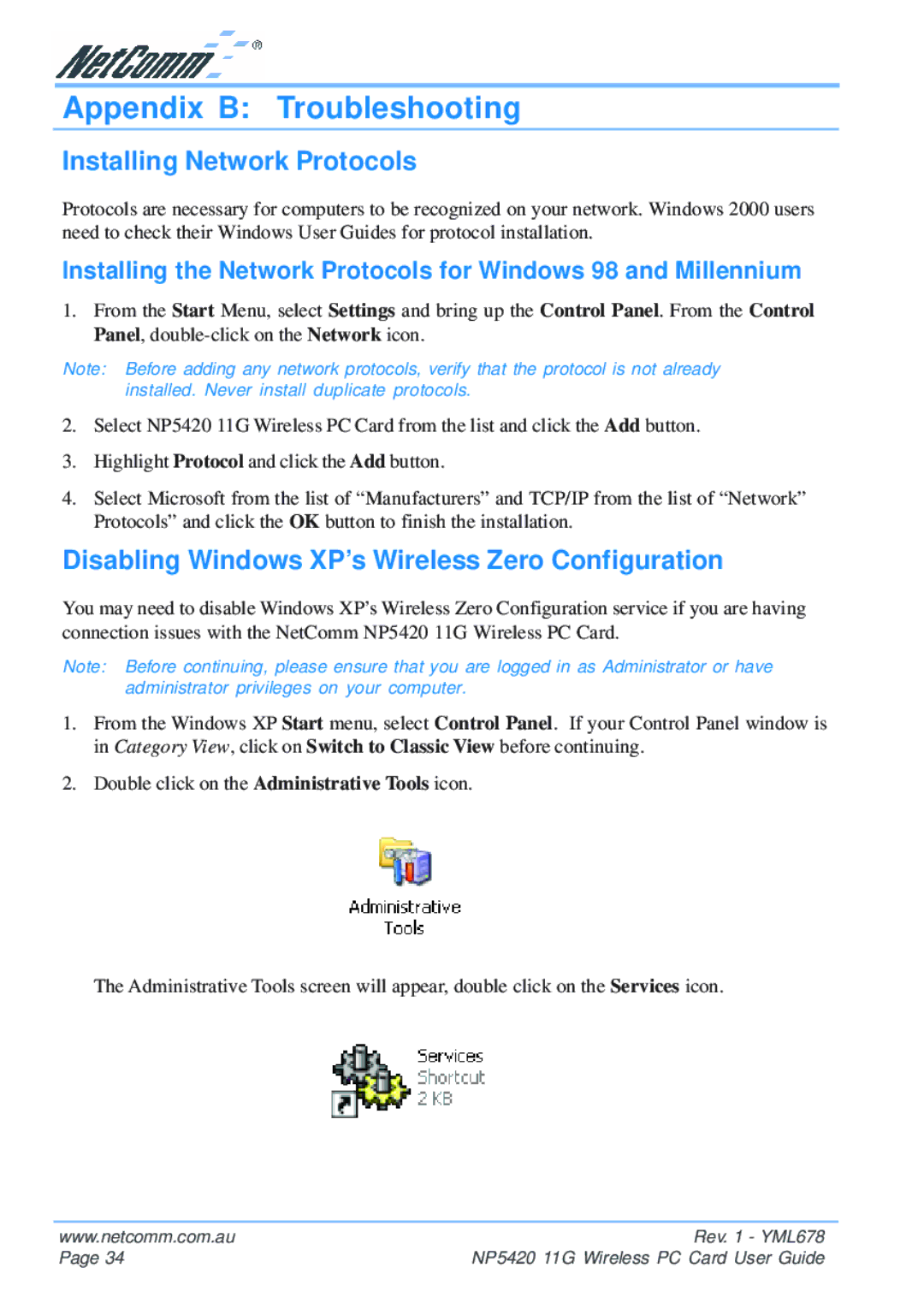 NetComm NP5420 manual Appendix B Troubleshooting, Installing Network Protocols 