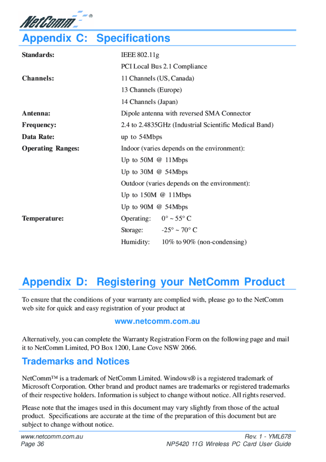 NetComm NP5420 manual Appendix C Specifications, Appendix D Registering your NetComm Product, Trademarks and Notices 