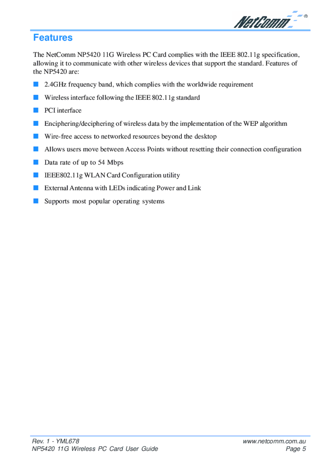 NetComm NP5420 manual Features 