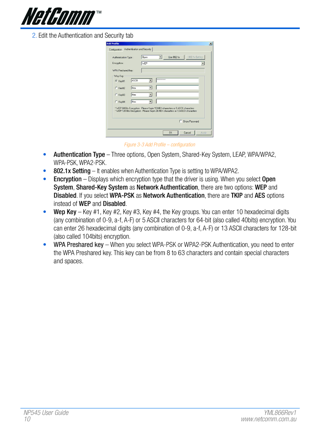 NetComm NP545 manual Edit the Authentication and Security tab 