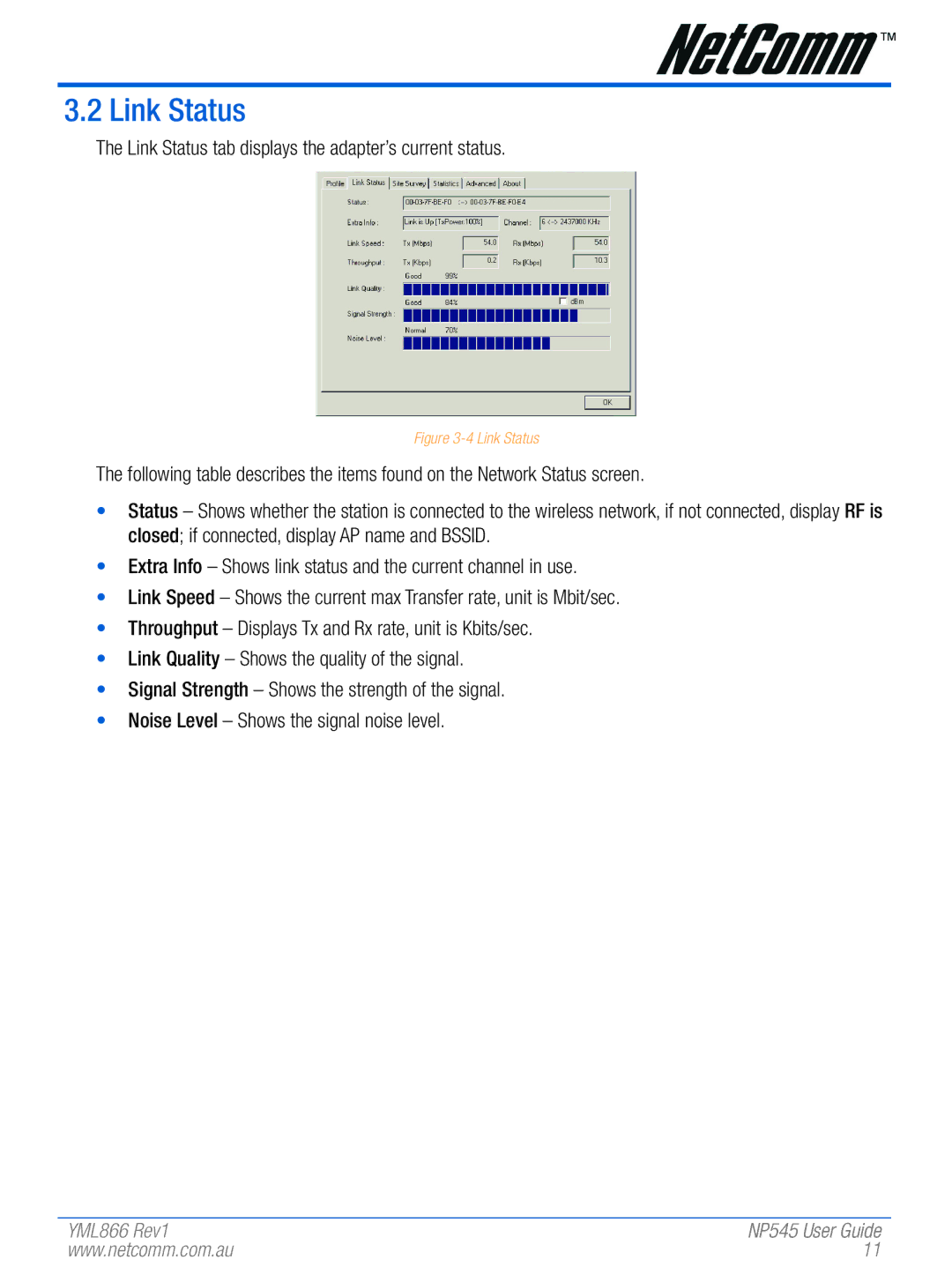 NetComm NP545 manual Link Status 