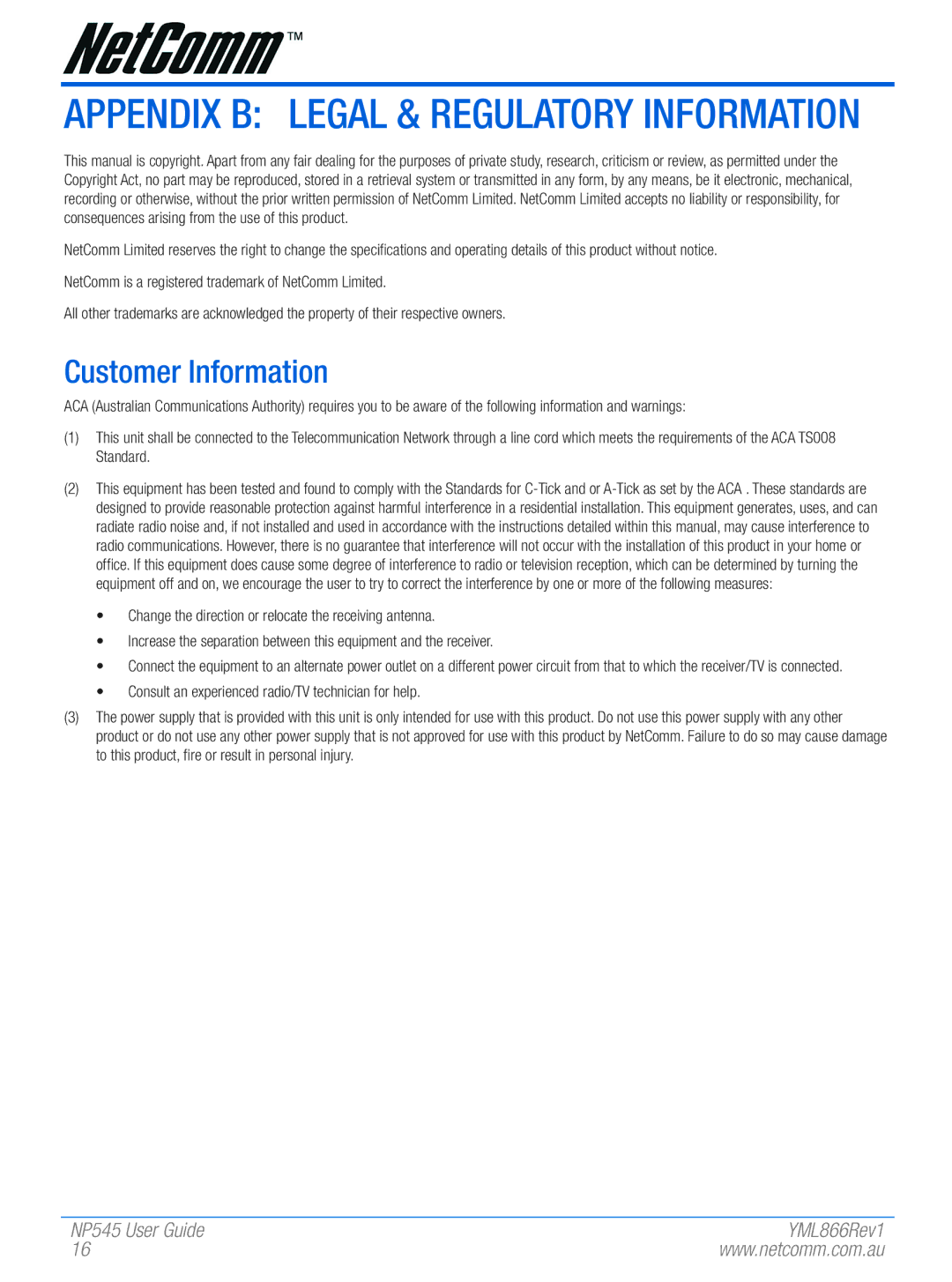 NetComm NP545 manual Appendix B Legal & Regulatory Information, Customer Information 