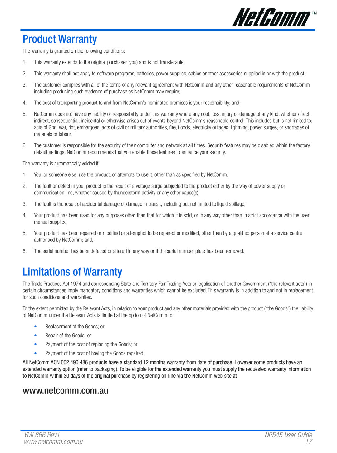 NetComm NP545 manual Product Warranty, Limitations of Warranty 