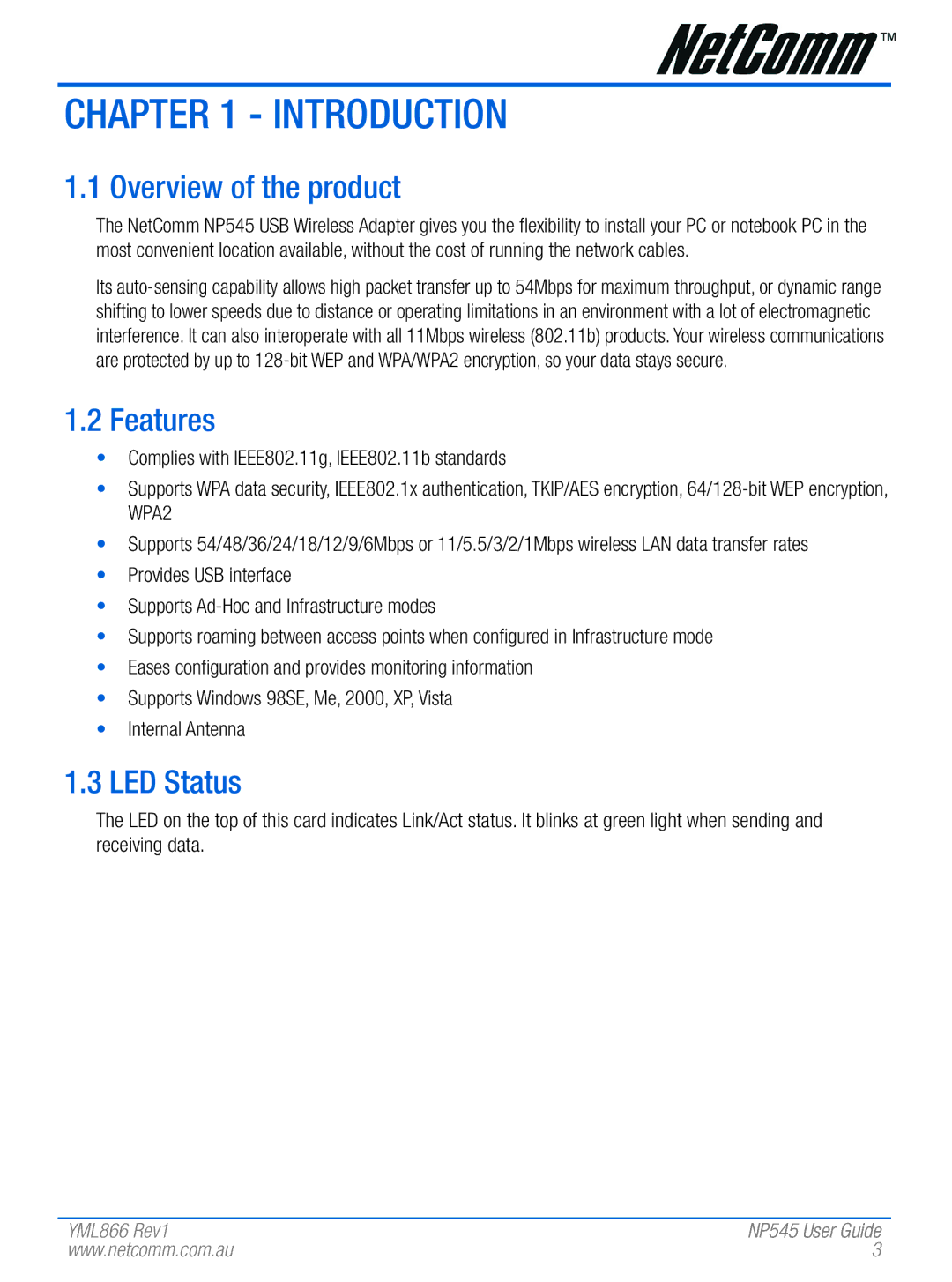 NetComm NP545 manual Introduction, Overview of the product, Features, LED Status 