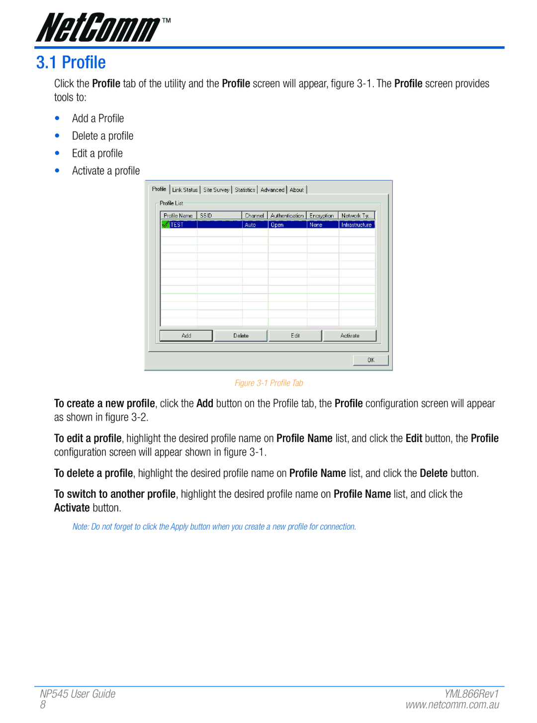 NetComm NP545 manual Profile Tab 