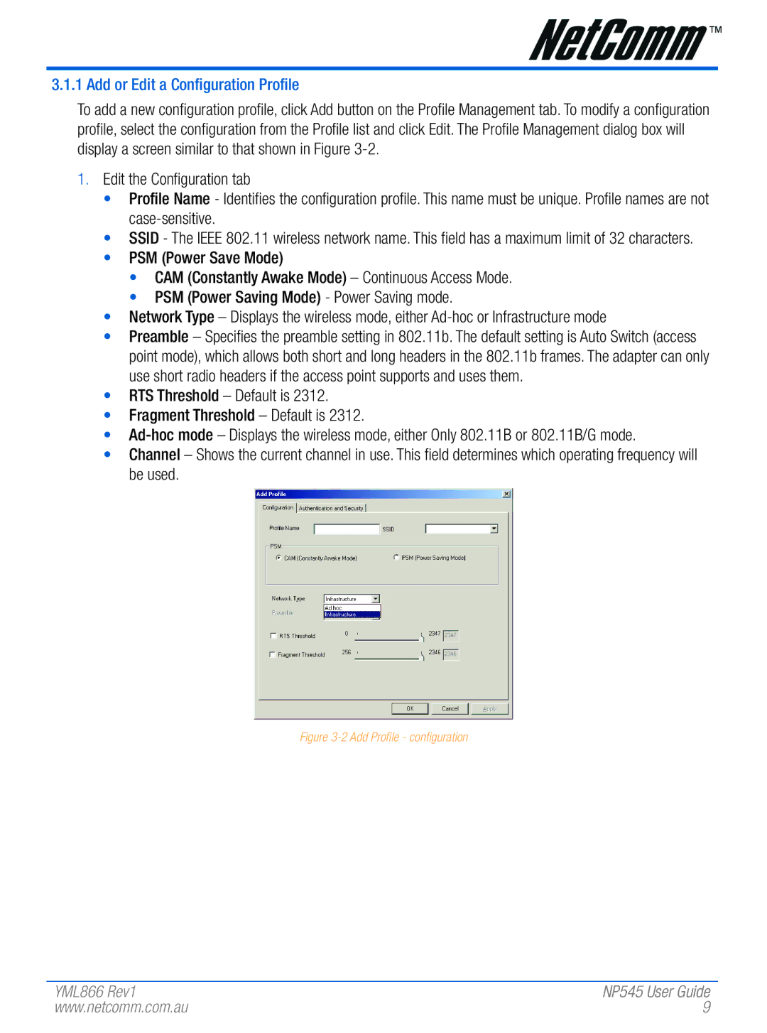 NetComm NP545 manual Add or Edit a Configuration Profile, Add Profile configuration 