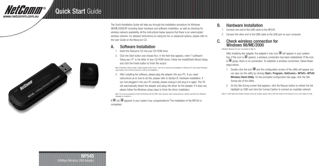NetComm NP545 quick start Quick Start Guide, Software Installation, Hardware Installation 