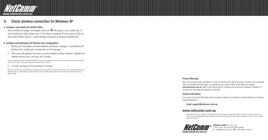 NetComm Check wireless connection for Windows XP, Configure using NetComm NP545 Utility, Email support@netcomm.com.au 