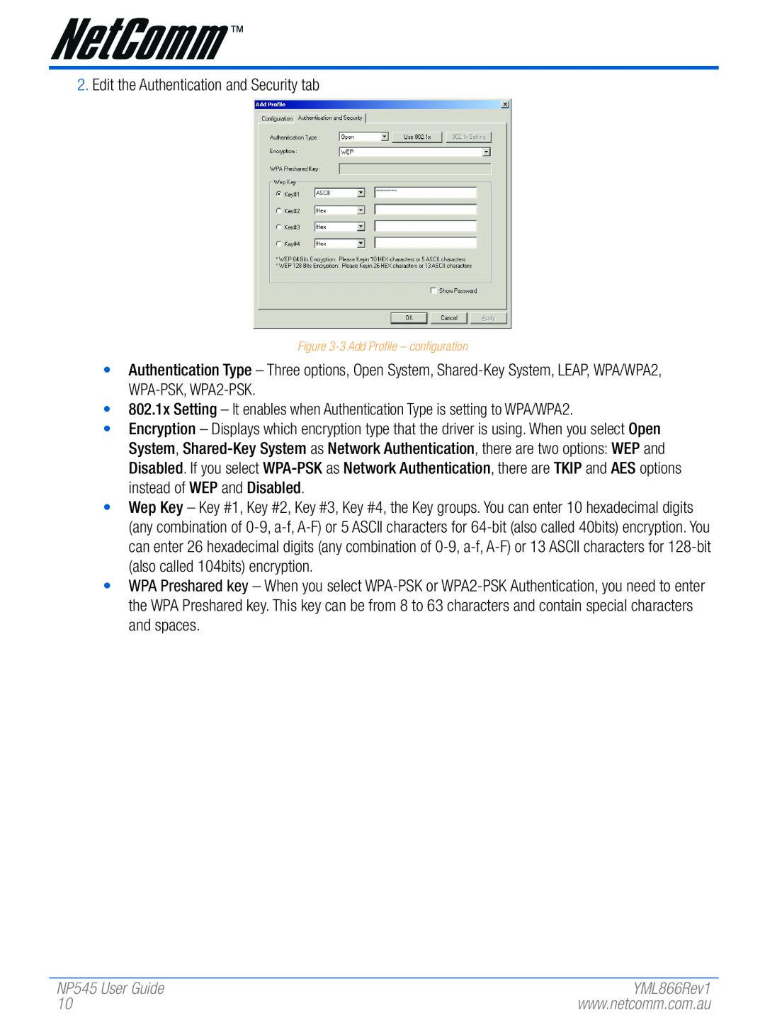 NetComm manual Edit the Authentication and Security tab, NP545 User Guide 