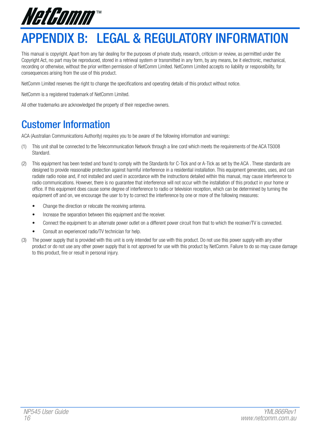 NetComm manual Appendix B Legal & Regulatory Information, Customer Information, NP545 User Guide, YML866Rev1 