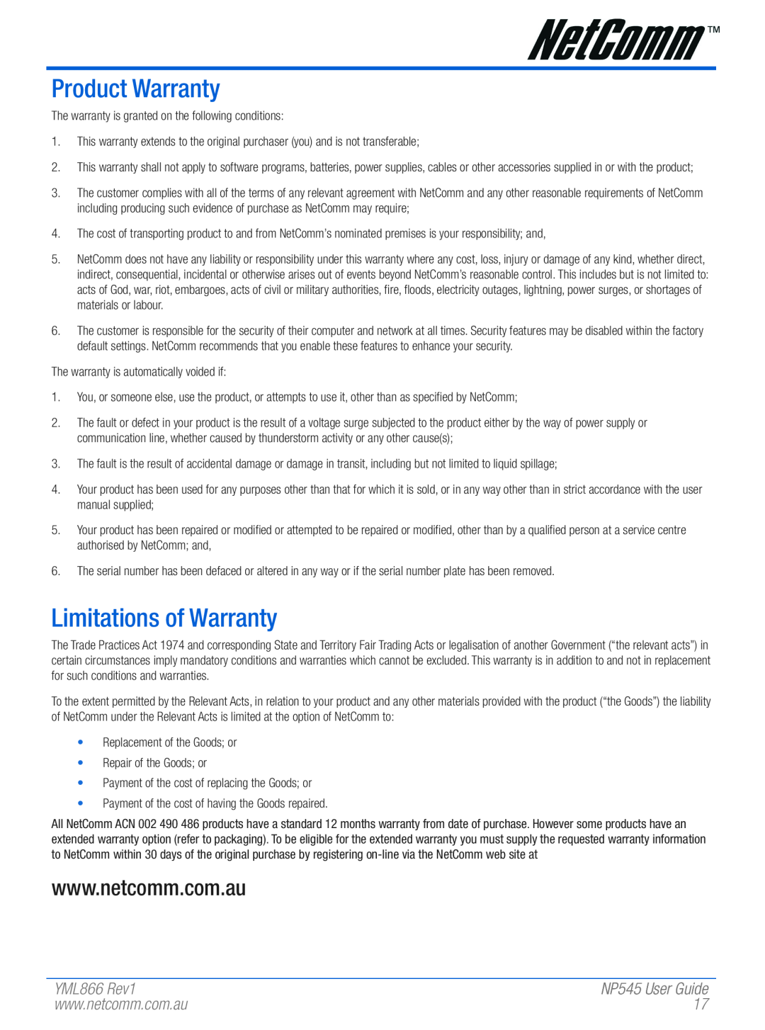 NetComm manual Product Warranty, Limitations of Warranty, YML866 Rev1, NP545 User Guide 