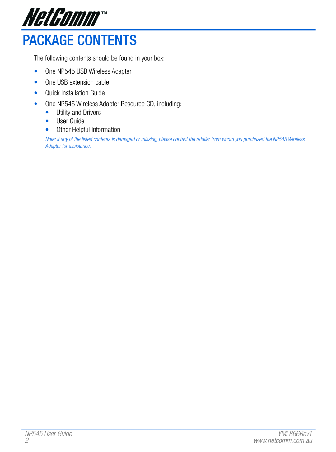 NetComm manual Package Contents, NP545 User Guide 