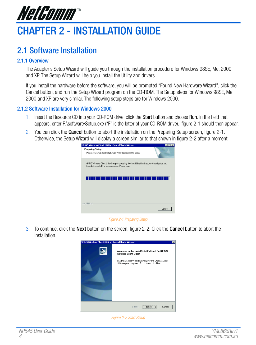 NetComm manual Installation Guide, Overview, Software Installation for Windows, NP545 User Guide, YML866Rev1 