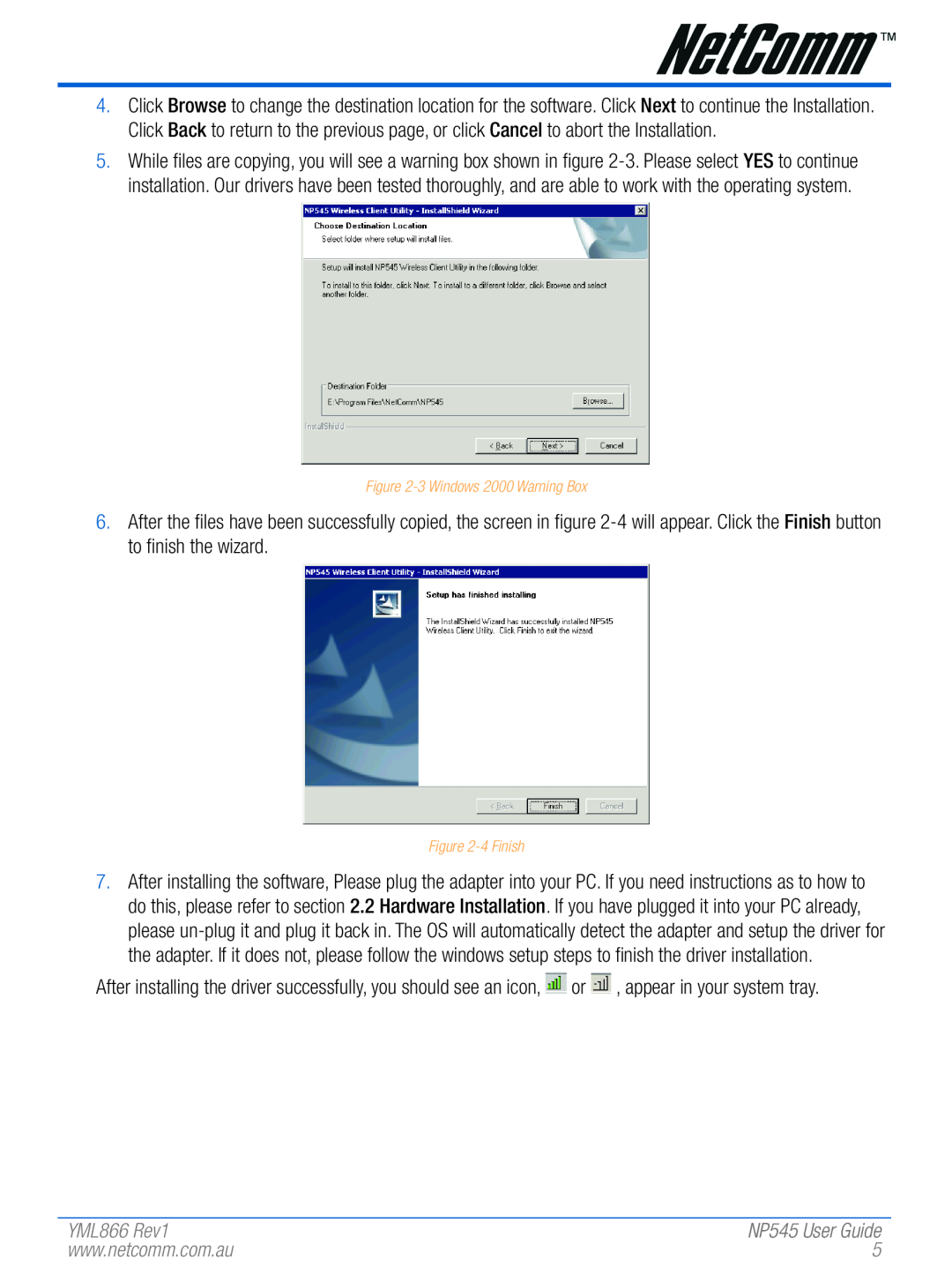 NetComm NP545 manual YML866 Rev1, 3 Windows 2000 Warning Box, 4 Finish 