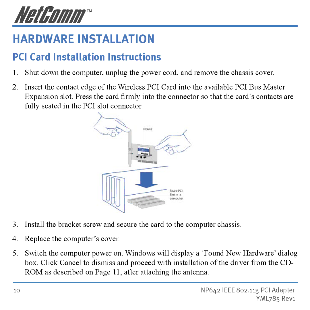 NetComm NP642 manual Hardware Installation, PCI Card Installation Instructions 