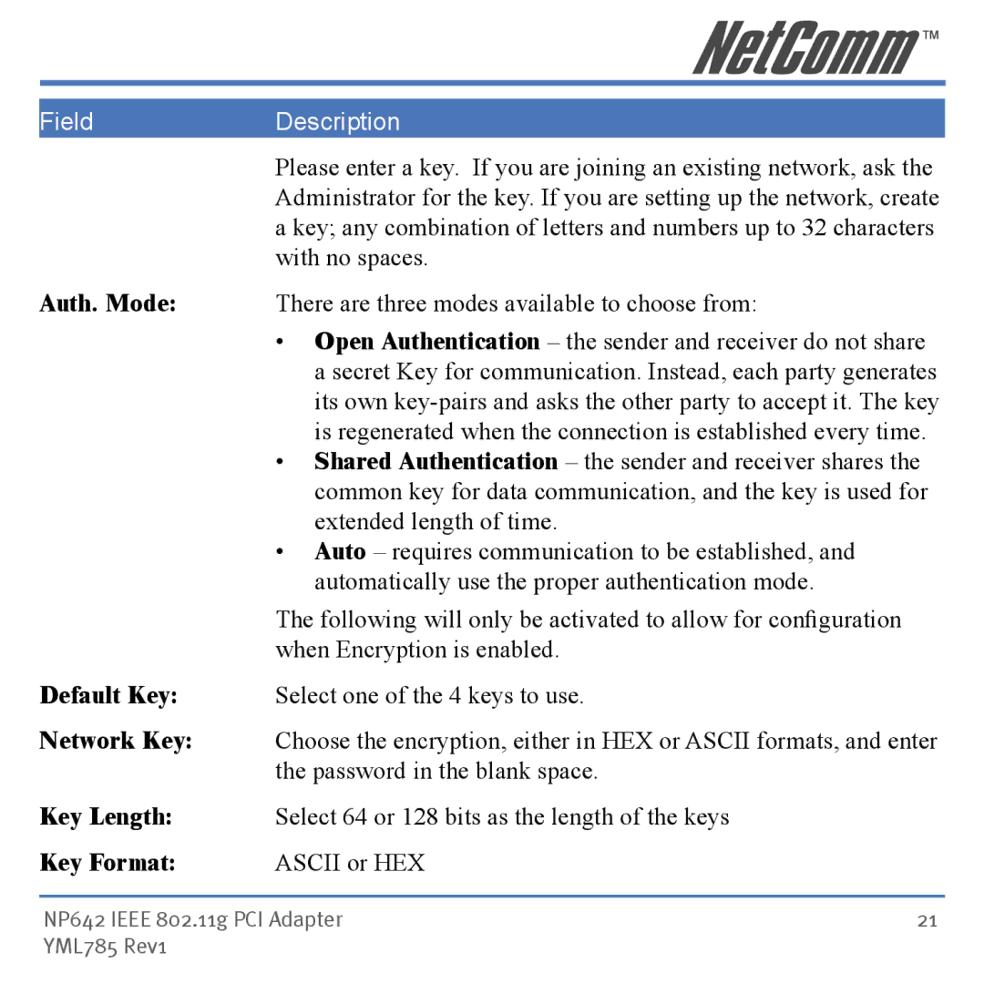 NetComm NP642 manual Default Key Select one of the 4 keys to use Network Key 