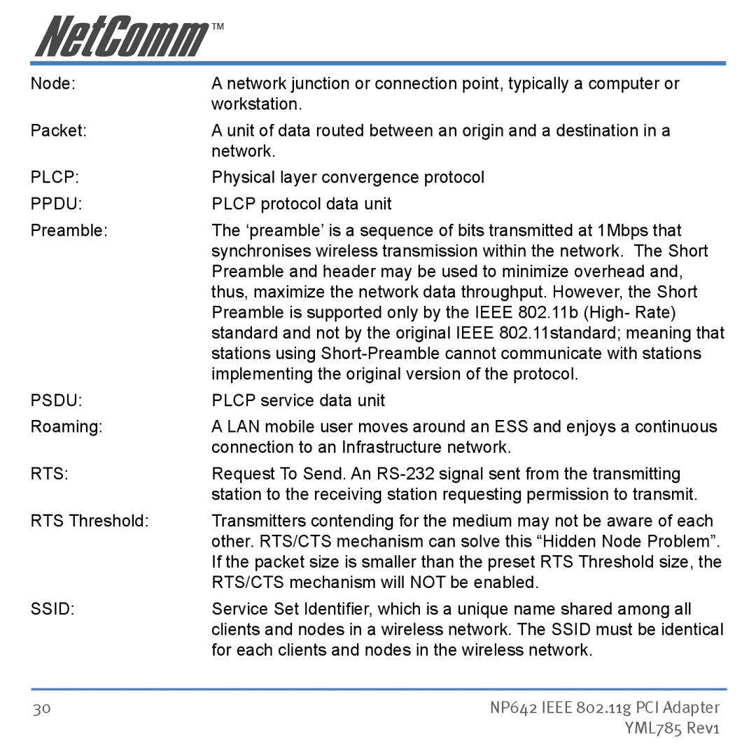 NetComm NP642 manual Plcp, Ppdu, Psdu, Rts, Ssid 