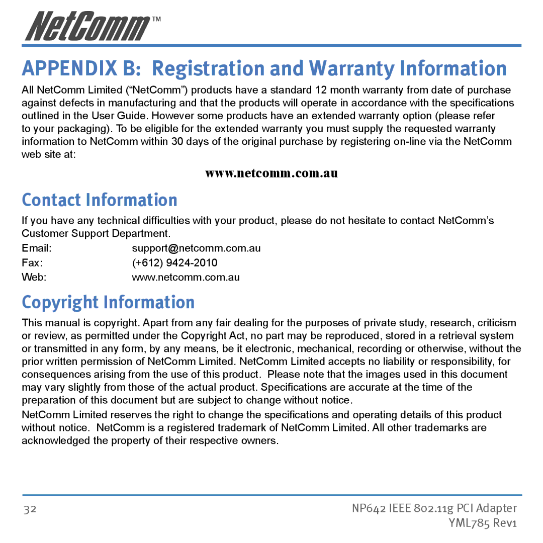 NetComm NP642 manual Contact Information, Copyright Information 