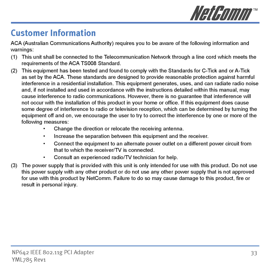 NetComm NP642 manual Customer Information 