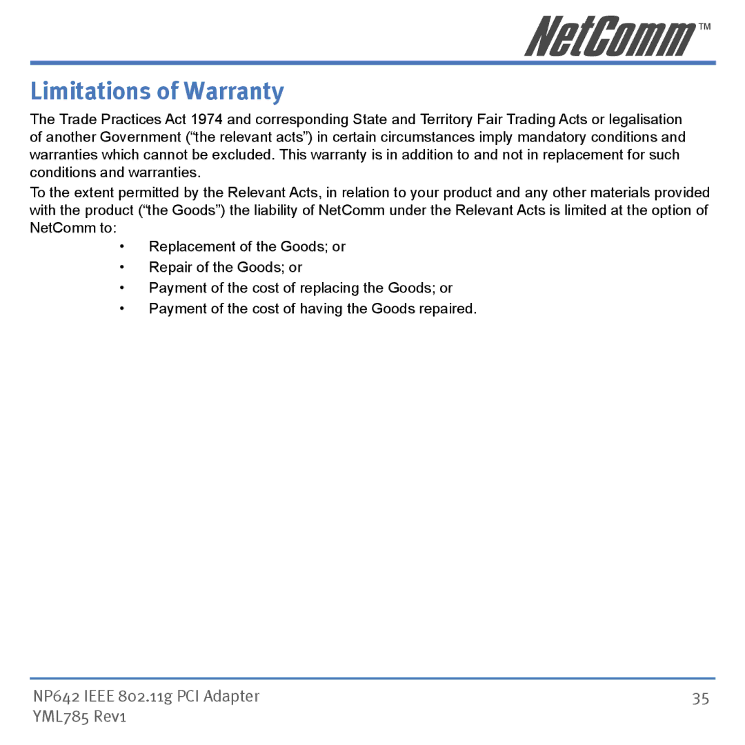 NetComm NP642 manual Limitations of Warranty 