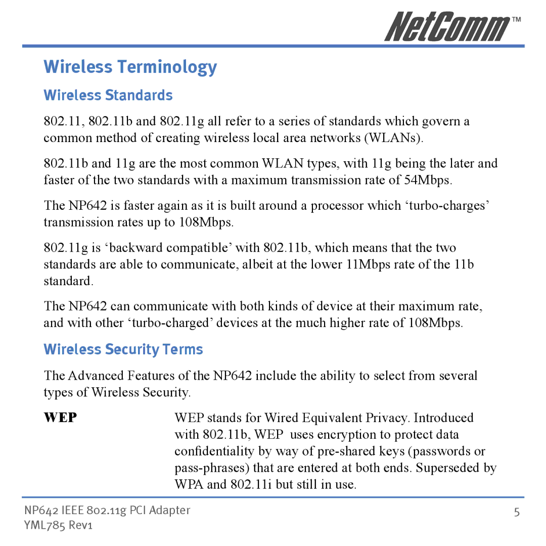 NetComm NP642 manual Wireless Terminology, Wireless Standards 