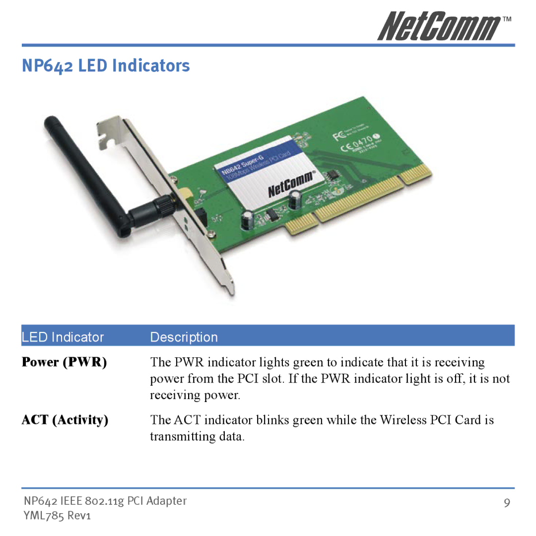 NetComm manual NP642 LED Indicators, Power PWR 