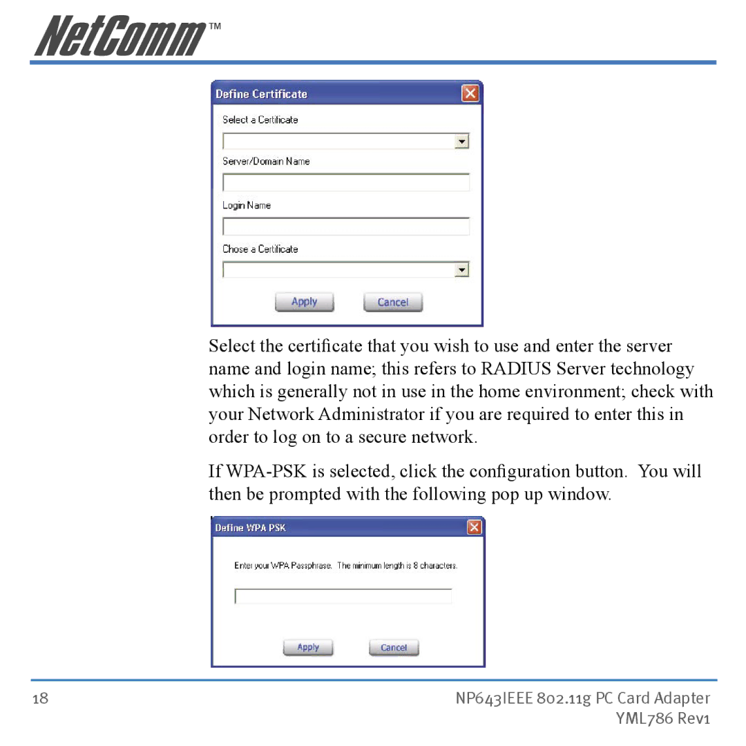 NetComm manual NP643IEEE 802.11g PC Card Adapter 