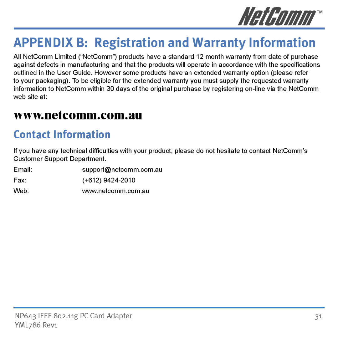 NetComm NP643 manual Appendix B Registration and Warranty Information, Contact Information 