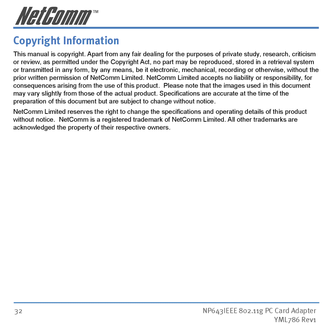 NetComm NP643 manual Copyright Information 