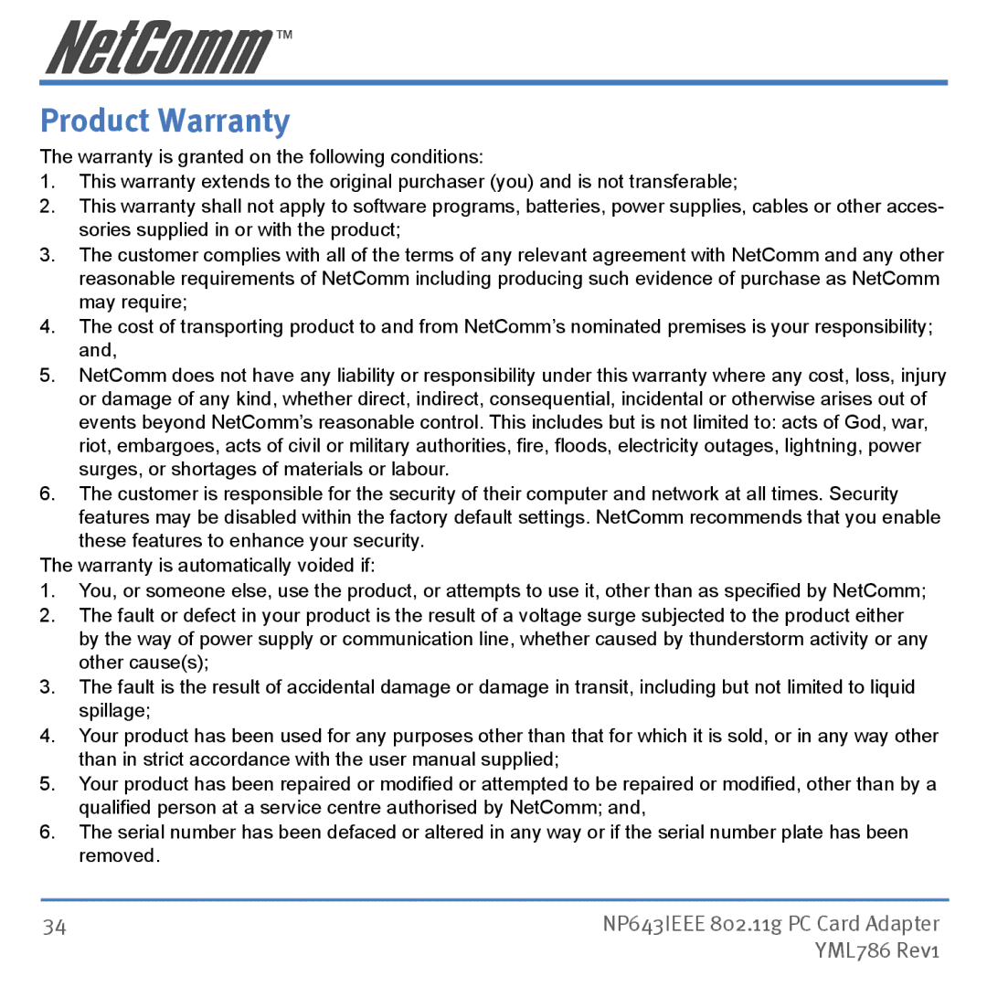 NetComm NP643 manual Product Warranty 