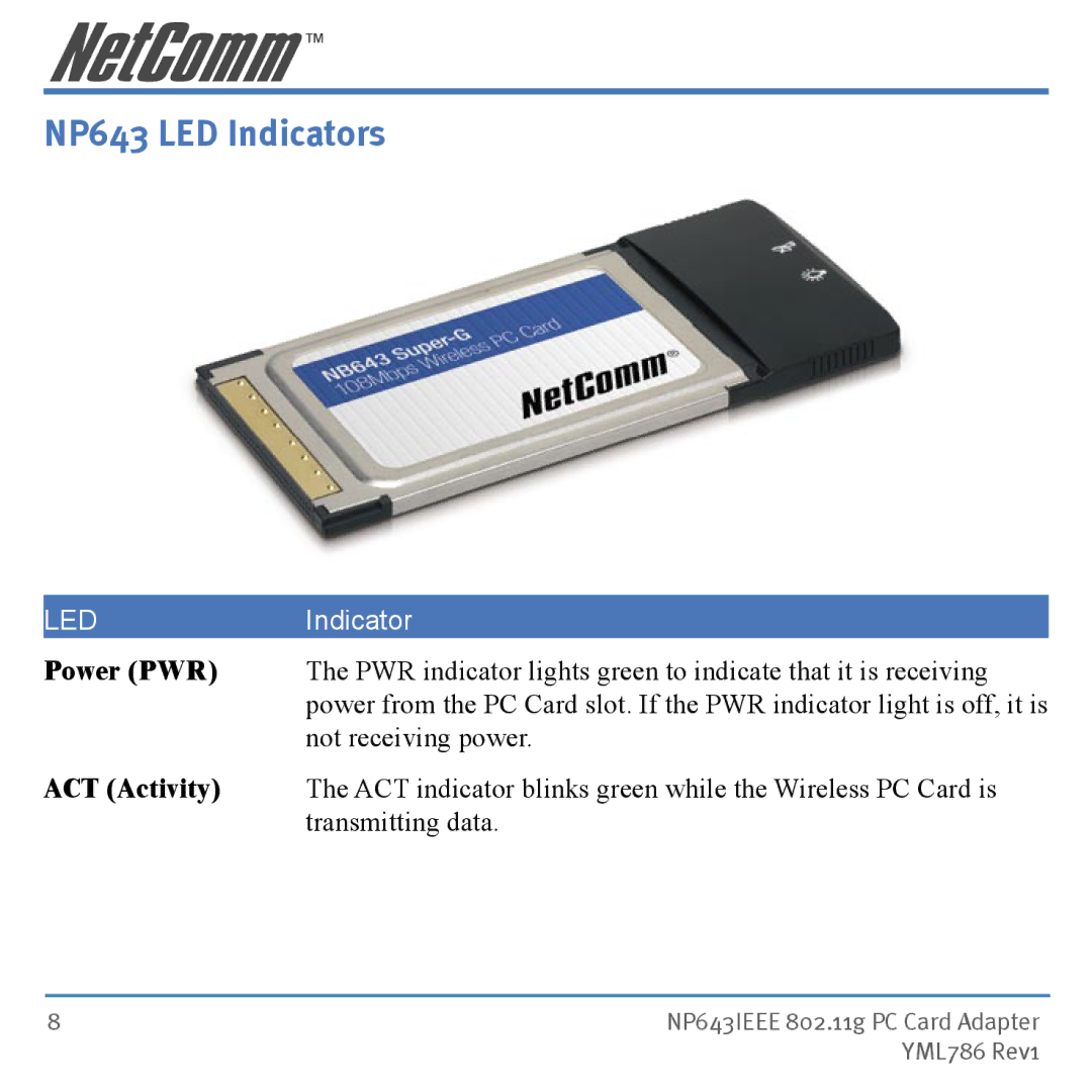 NetComm manual NP643 LED Indicators, Power PWR 