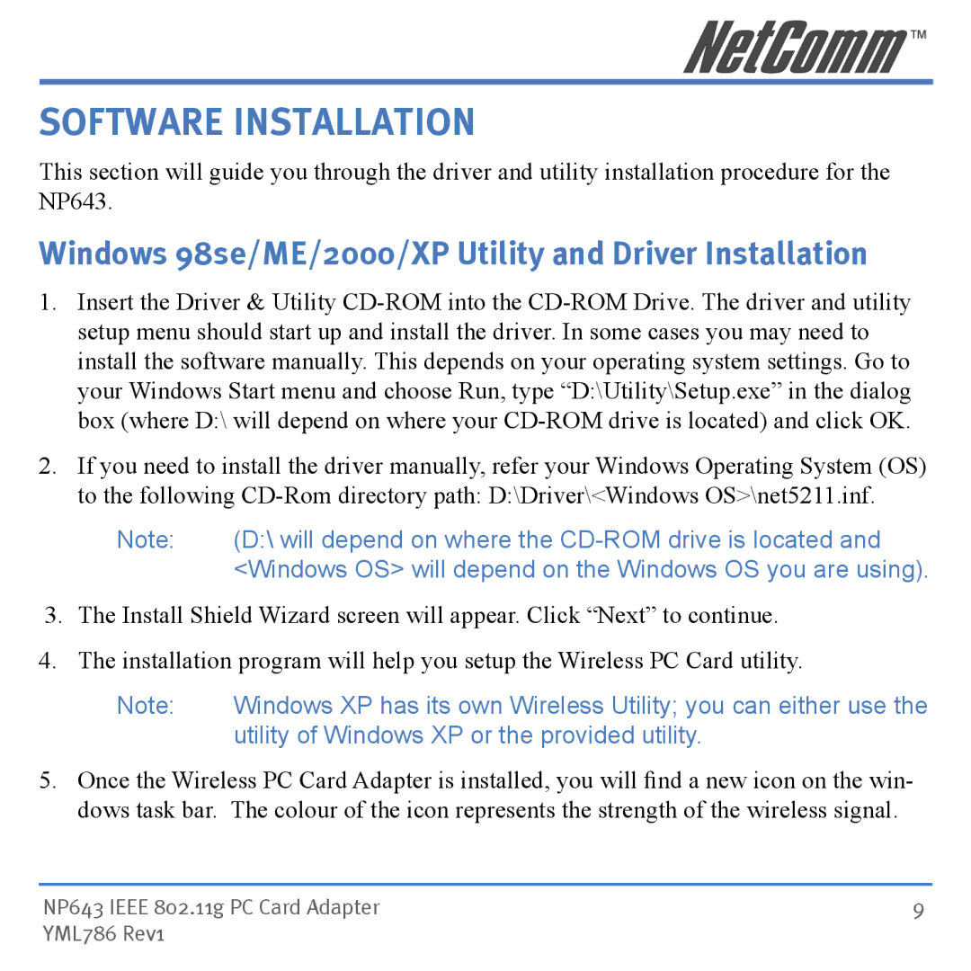 NetComm NP643 manual Software Installation, Windows 98se/ME/2000/XP Utility and Driver Installation 