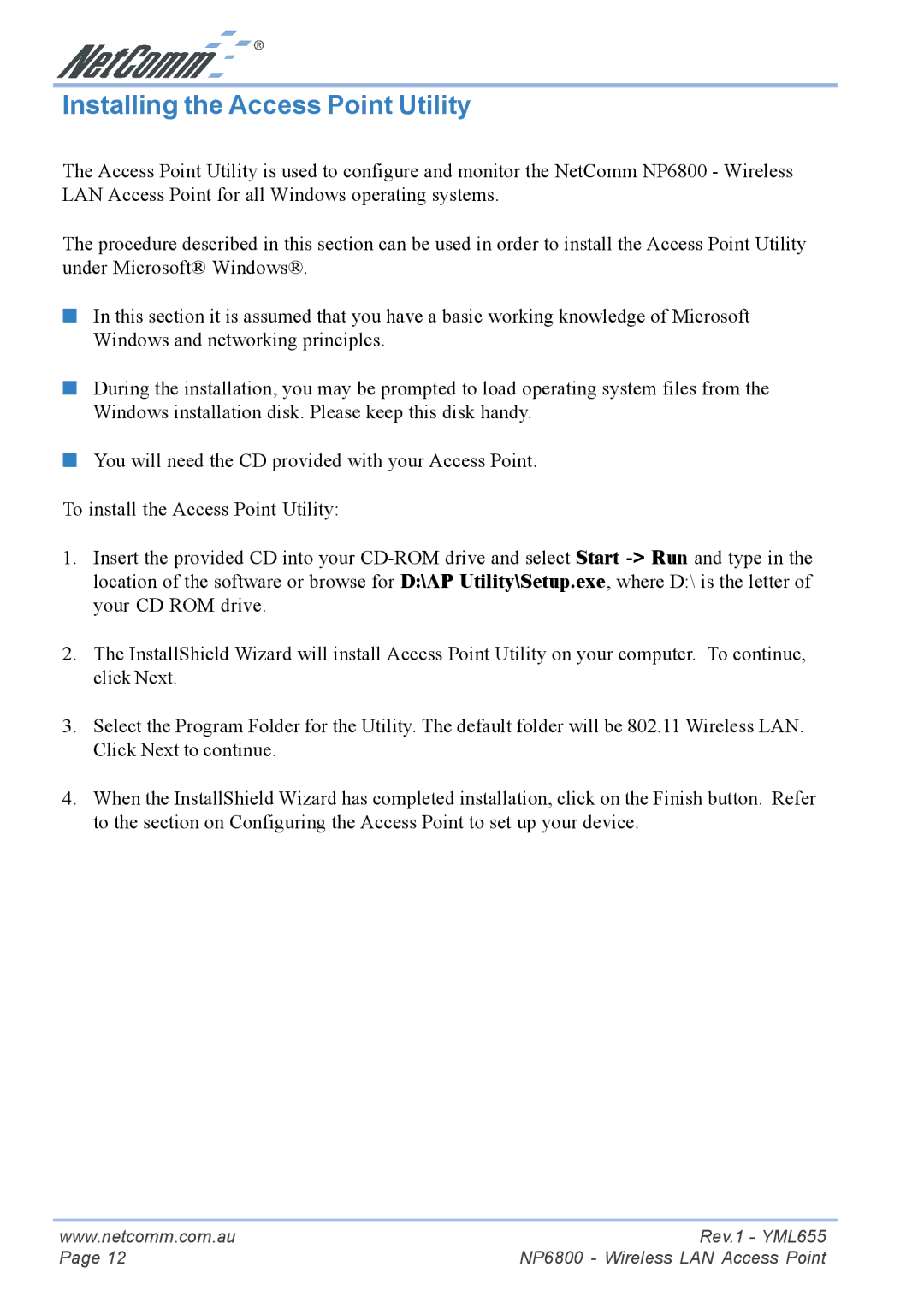 NetComm NP6800 manual Installing the Access Point Utility 