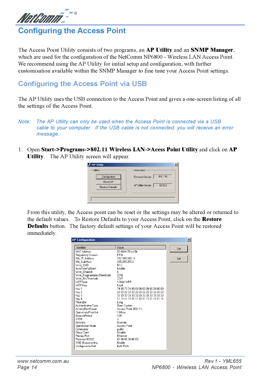 NetComm NP6800 manual Configuring the Access Point via USB 