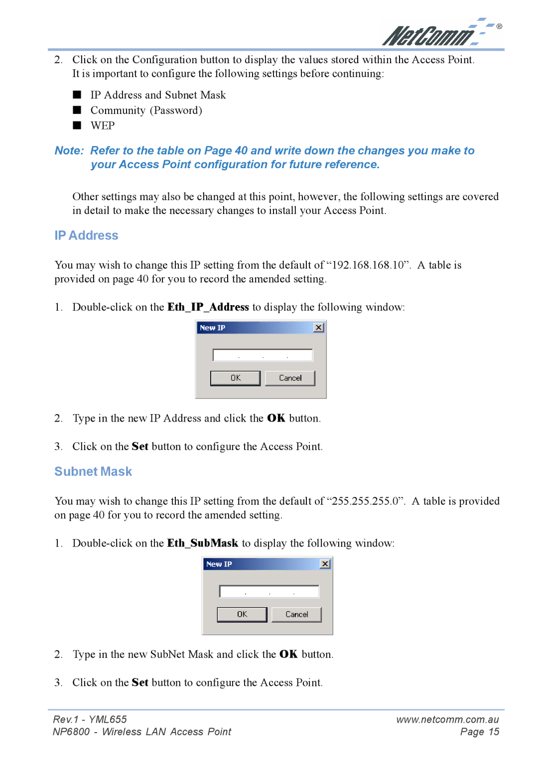 NetComm NP6800 manual IP Address, Subnet Mask 