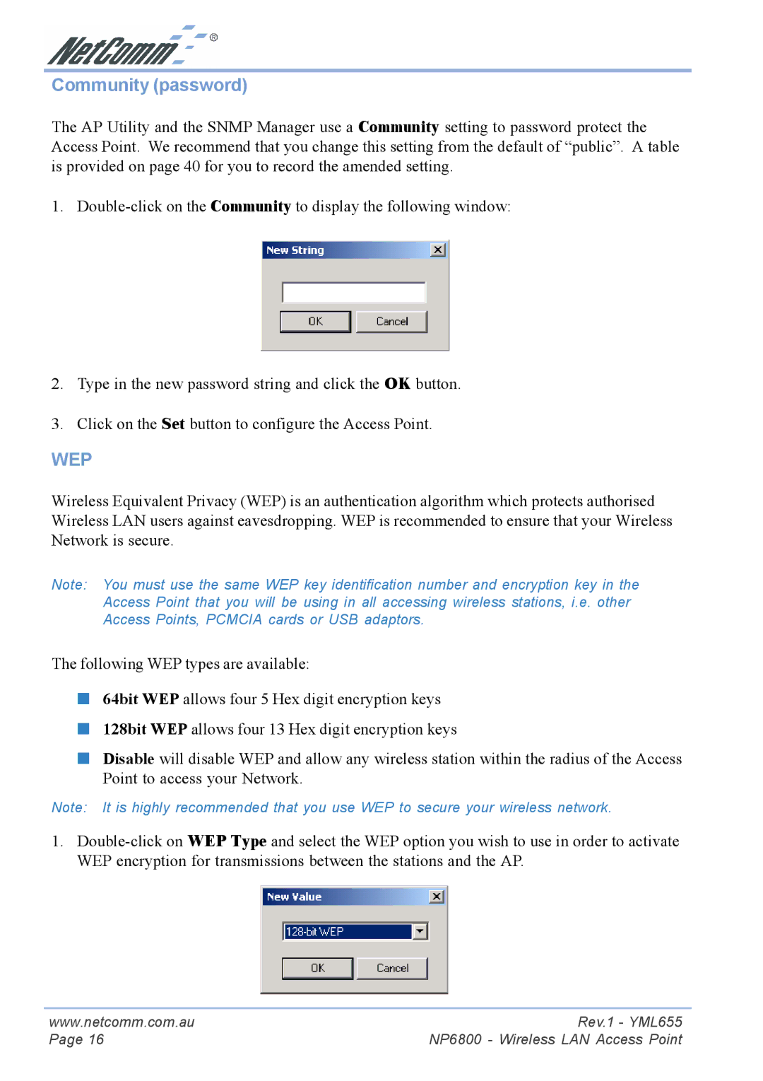 NetComm NP6800 manual Community password, Wep 