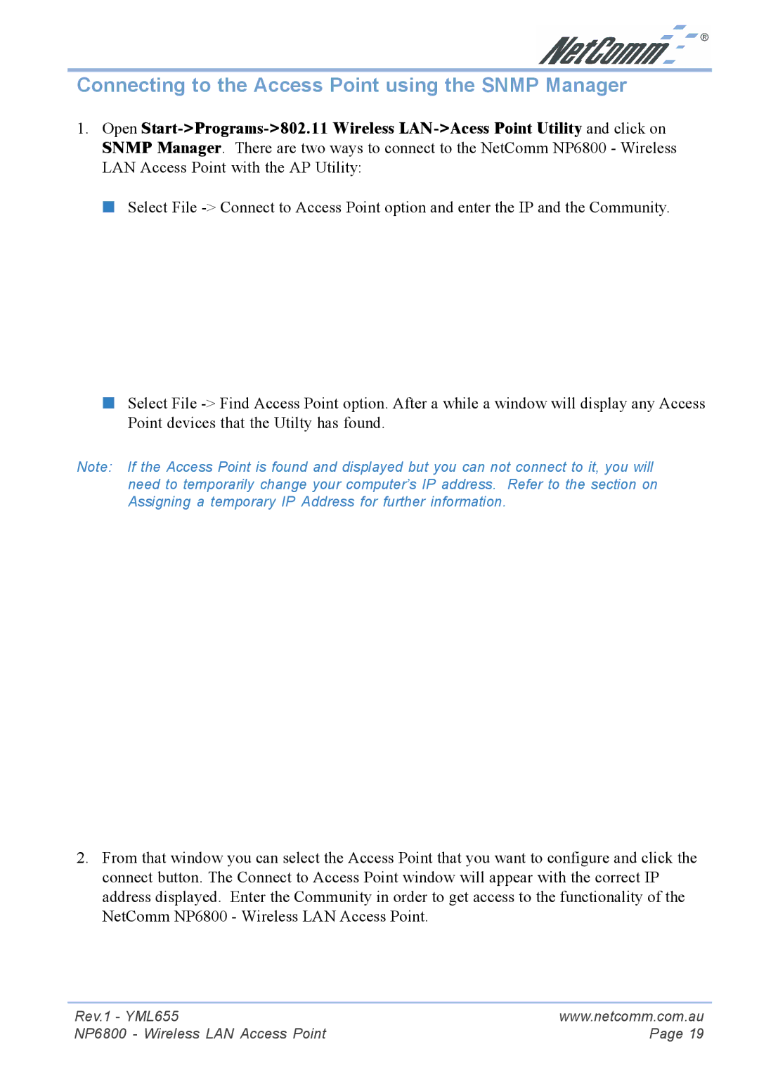 NetComm NP6800 manual Connecting to the Access Point using the Snmp Manager 