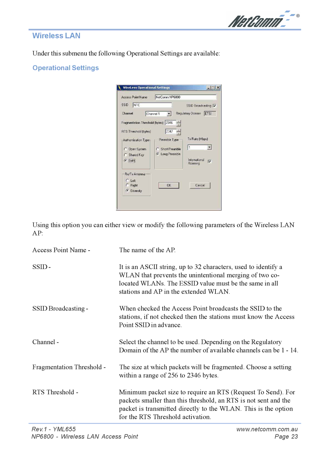 NetComm NP6800 manual Wireless LAN, Operational Settings 