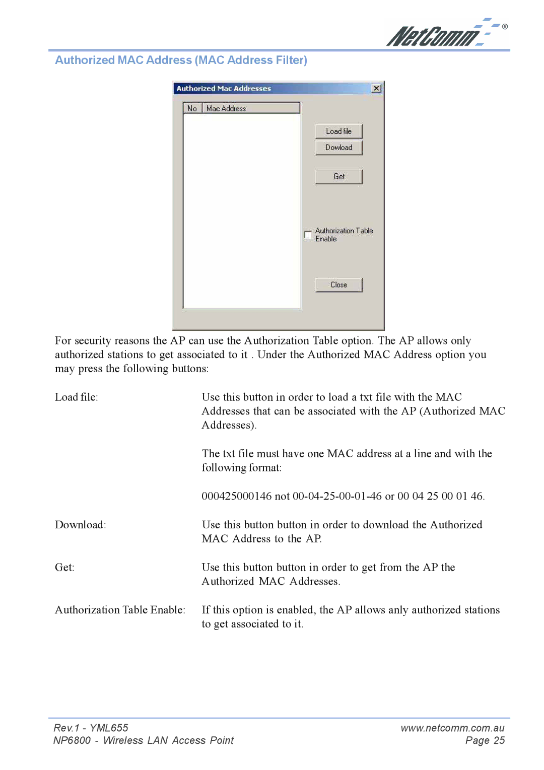 NetComm NP6800 manual Authorized MAC Address MAC Address Filter 